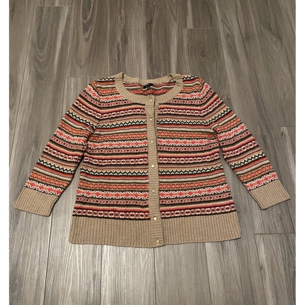 Talbots Fair Isle Style Wool Blend Cardigan Sweater Womens Size Large 3/4 Sleeve